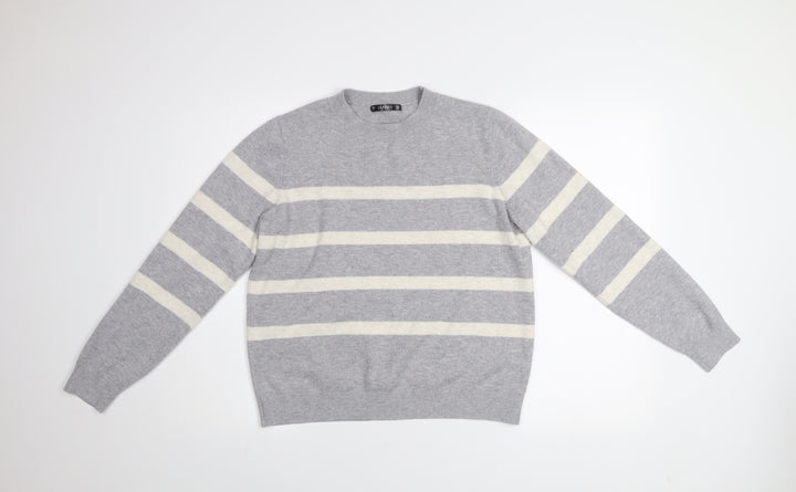 Dunnes Women Grey Striped Knit Crew Neck Pullover Jumper M