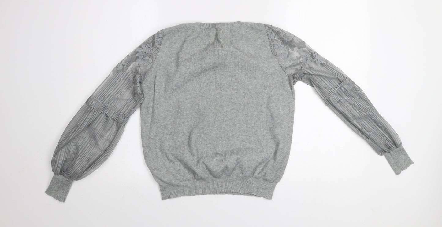 New Look Women Grey Lace Sleeve Pullover Jumper Size 12