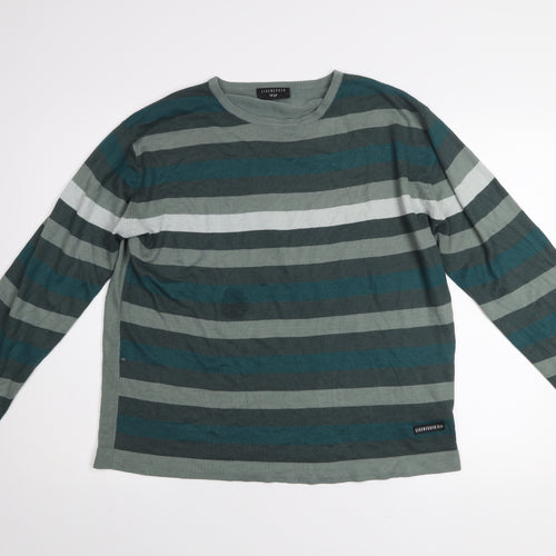 Eisenegger Mens Green Striped Cotton Crew Neck Jumper Size L