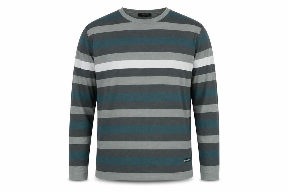 Front view of Eisenegger men’s green striped cotton crew neck jumper, size L