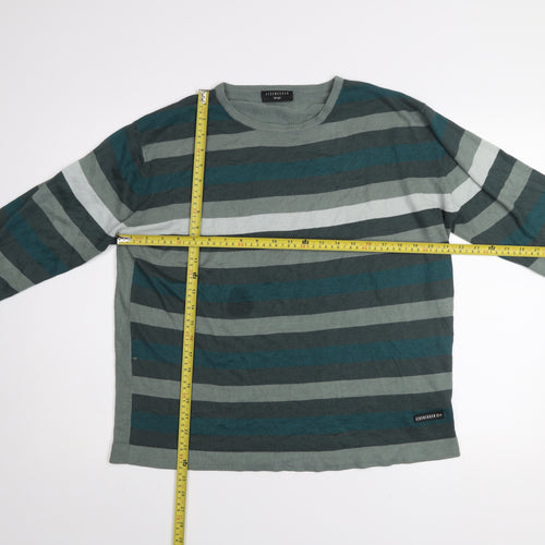 Eisenegger Mens Green Striped Cotton Crew Neck Jumper Size L
