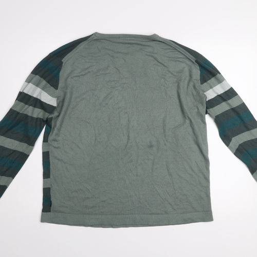 Eisenegger Mens Green Striped Cotton Crew Neck Jumper Size L