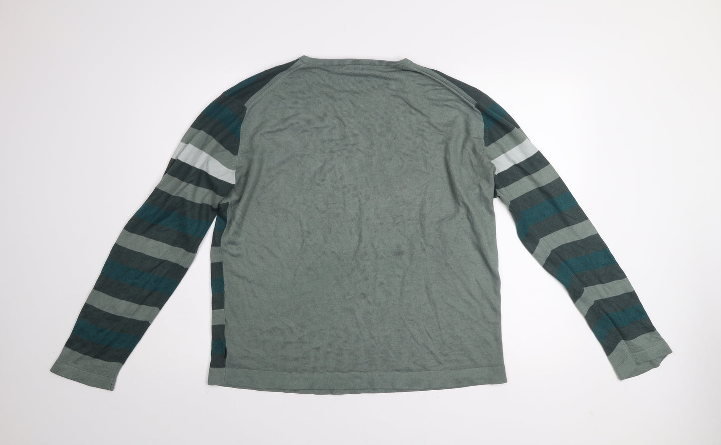 Eisenegger Mens Green Striped Cotton Crew Neck Jumper Size L