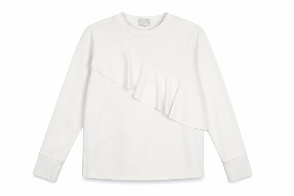 Front view of Selected Femme Women White Ruffle Pullover Sweatshirt, size S