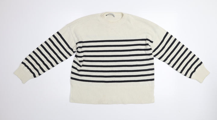 Zara Womens Black White Striped Cotton Crew Neck Jumper Size S