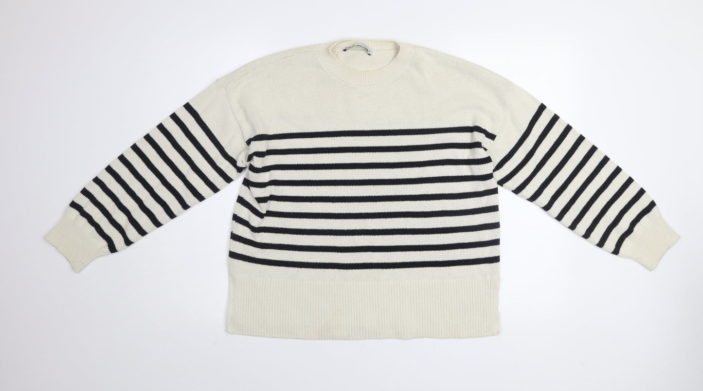Zara Womens Black White Striped Cotton Crew Neck Jumper Size S