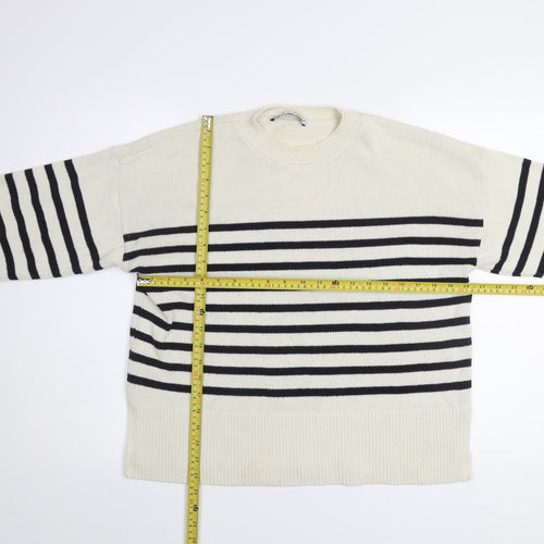 Zara Womens Black White Striped Cotton Crew Neck Jumper Size S