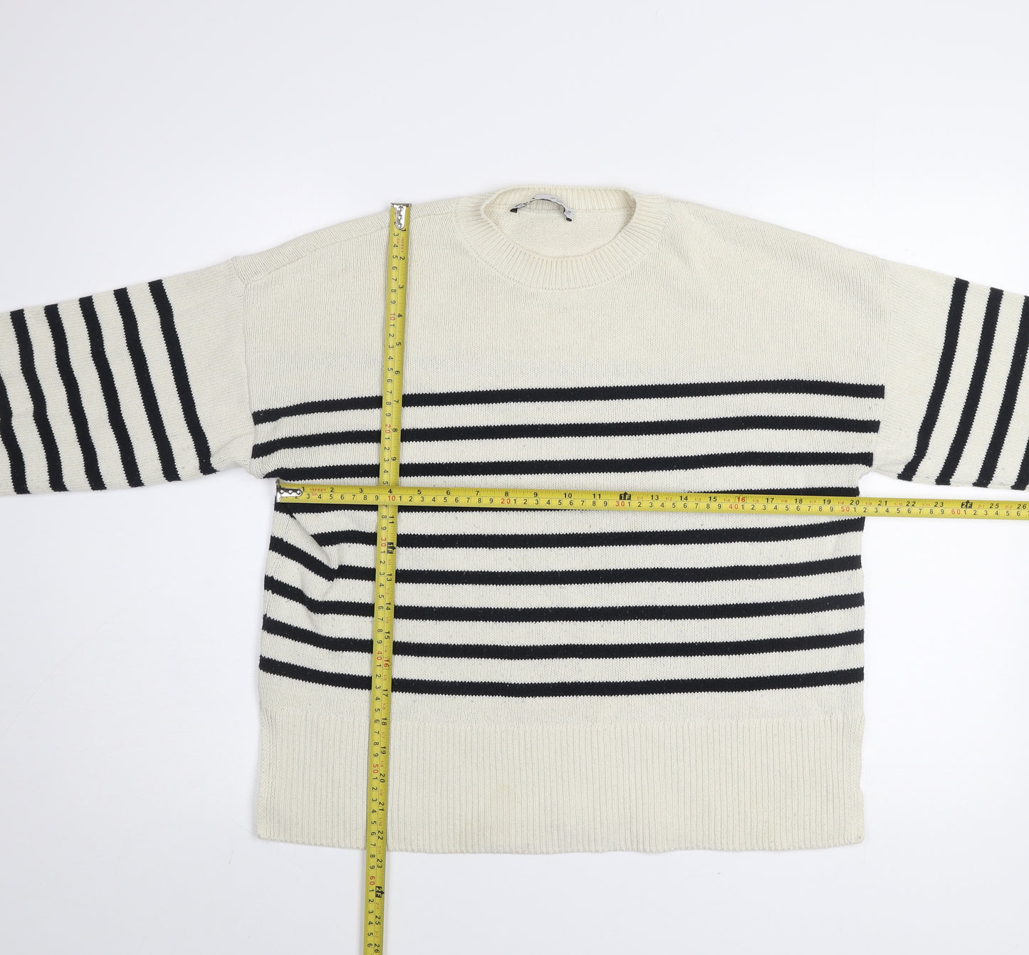Zara Womens Black White Striped Cotton Crew Neck Jumper Size S
