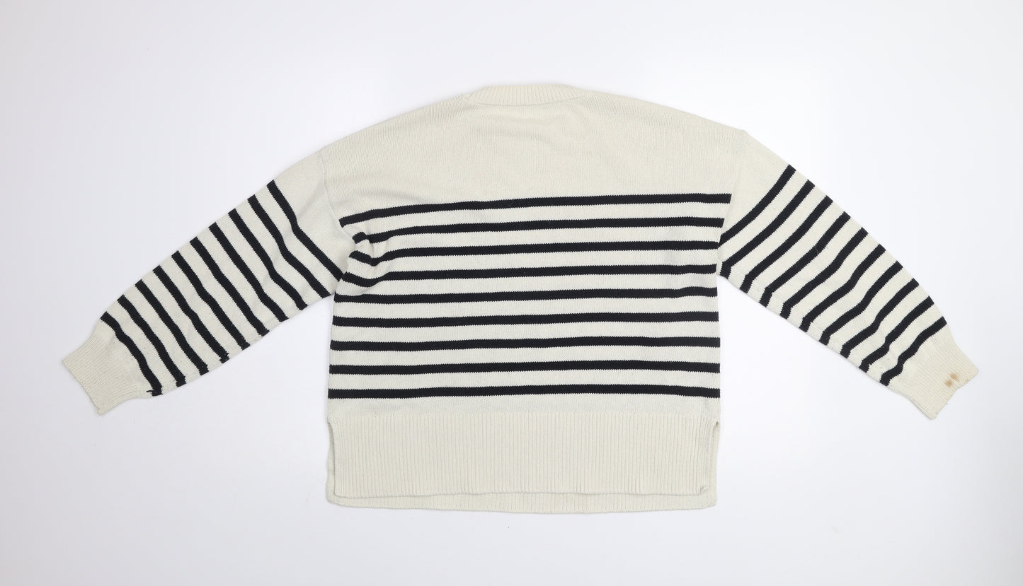 Zara Womens Black White Striped Cotton Crew Neck Jumper Size S