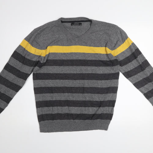 Losan Men's Grey Striped Cotton V-Neck Pullover Jumper M