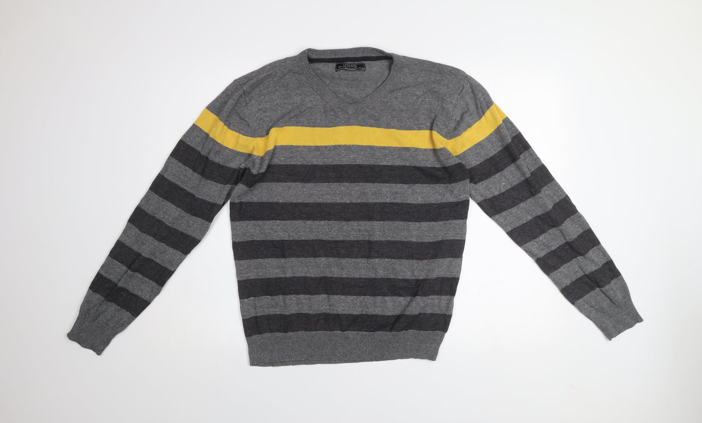 Losan Men's Grey Striped Cotton V-Neck Pullover Jumper M