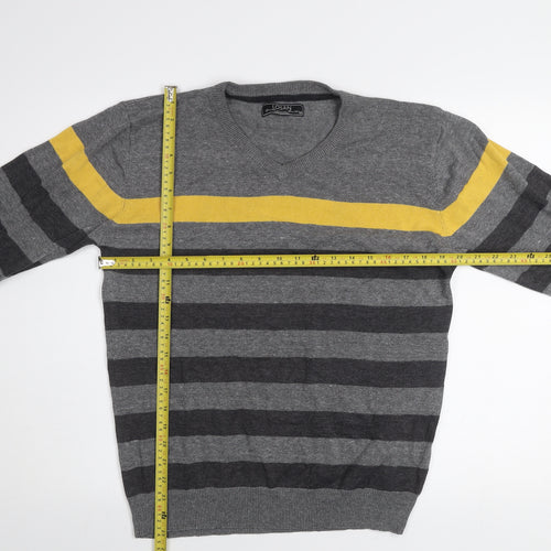 Losan Men's Grey Striped Cotton V-Neck Pullover Jumper M