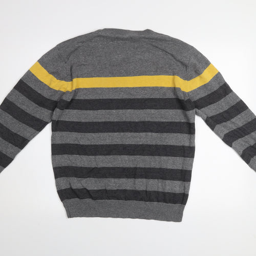 Losan Men's Grey Striped Cotton V-Neck Pullover Jumper M