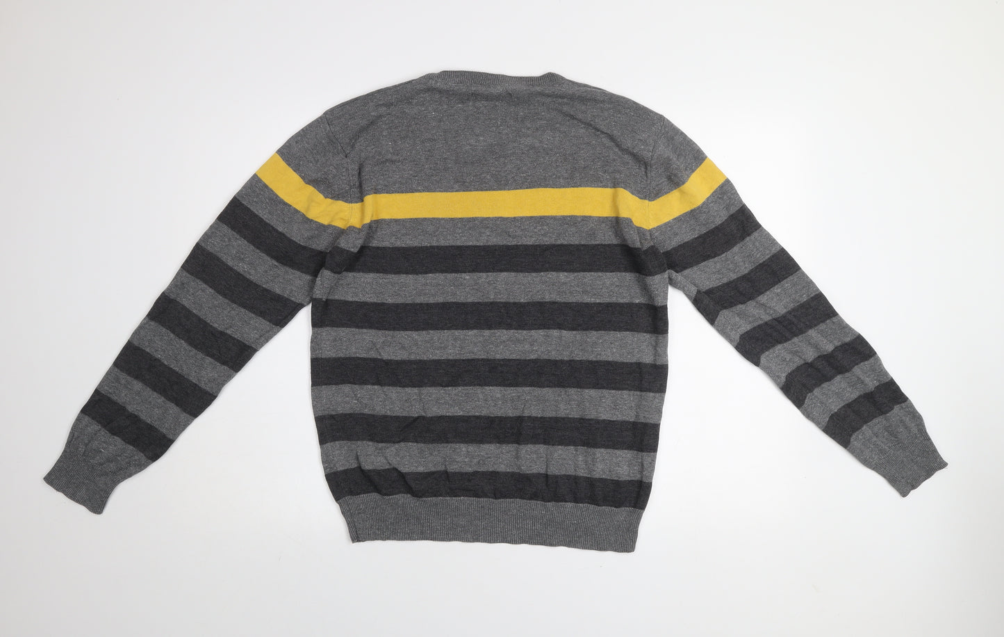 Losan Men's Grey Striped Cotton V-Neck Pullover Jumper M