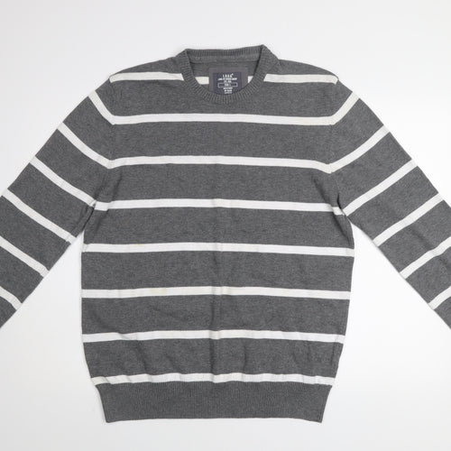 H&M L.O.G.G Men Grey Striped Cotton Crew Neck Jumper Size L
