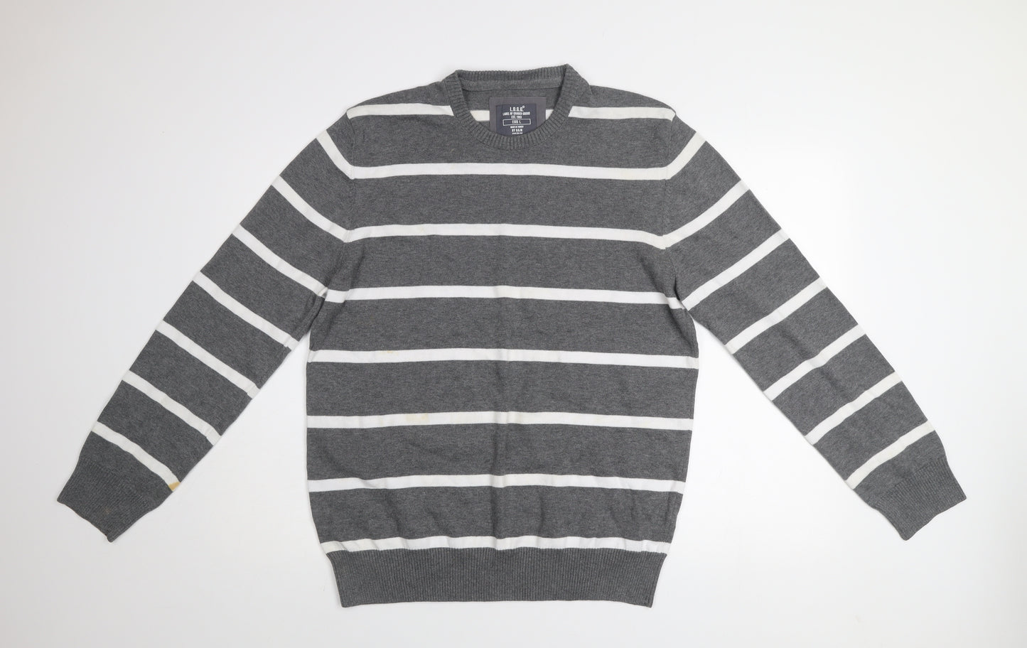 H&M L.O.G.G Men Grey Striped Cotton Crew Neck Jumper Size L