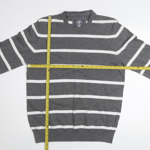 H&M L.O.G.G Men Grey Striped Cotton Crew Neck Jumper Size L