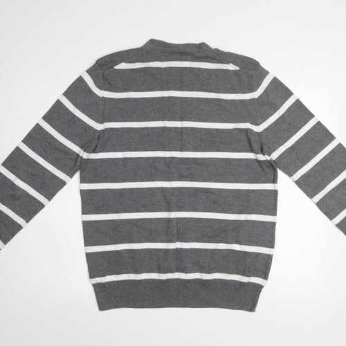 H&M L.O.G.G Men Grey Striped Cotton Crew Neck Jumper Size L