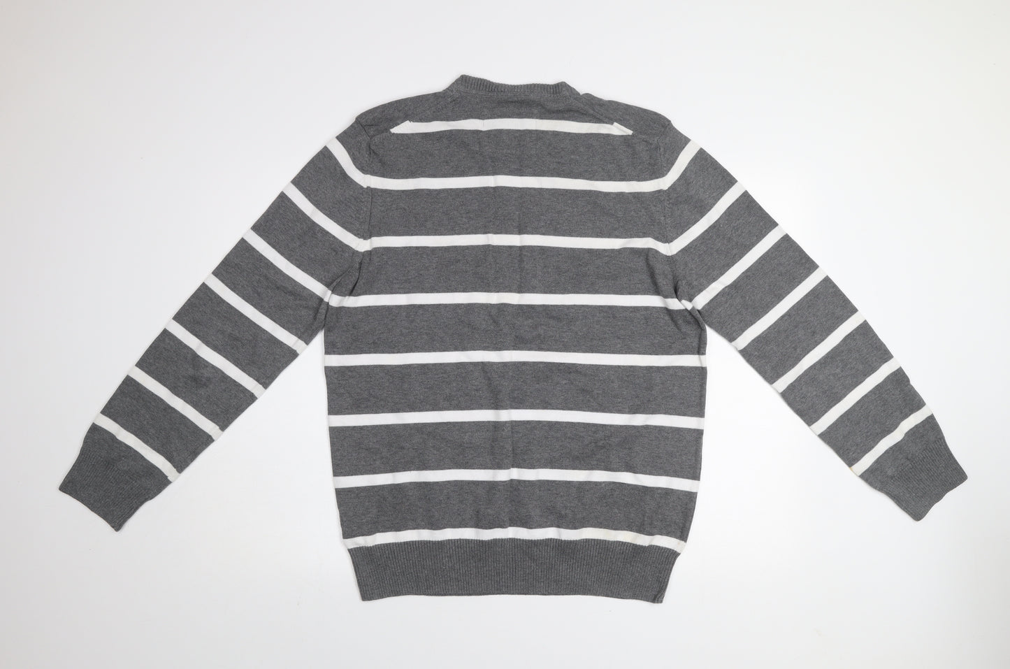H&M L.O.G.G Men Grey Striped Cotton Crew Neck Jumper Size L