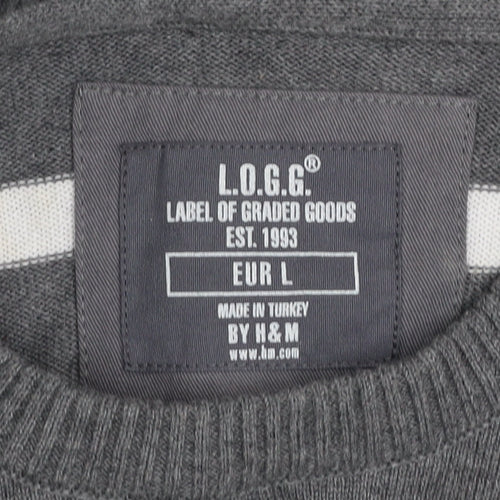 H&M L.O.G.G Men Grey Striped Cotton Crew Neck Jumper Size L