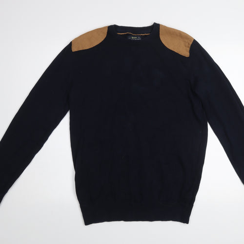 Reserved Men's Navy Blue Cotton Crew Neck Quilted Shoulder Jumper L