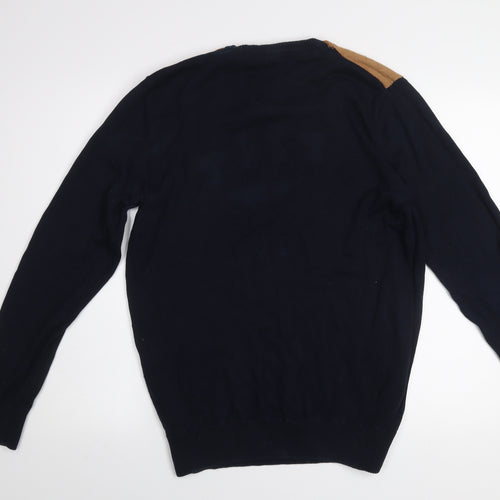 Reserved Men's Navy Blue Cotton Crew Neck Quilted Shoulder Jumper L