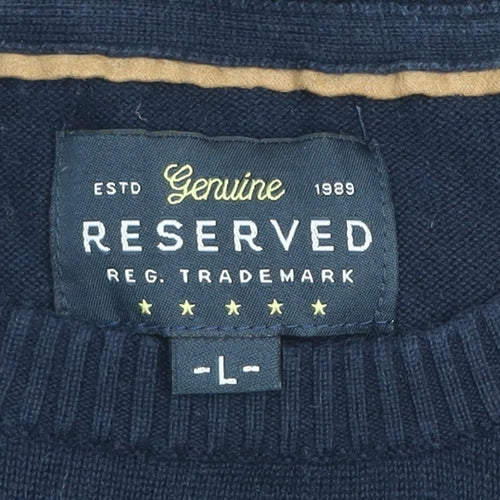 Reserved Men's Navy Blue Cotton Crew Neck Quilted Shoulder Jumper L