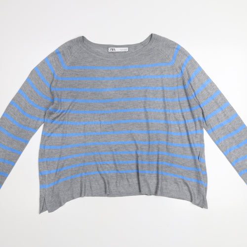 ZARA Women Grey Blue Striped Pullover Jumper L Boat Neck Knit