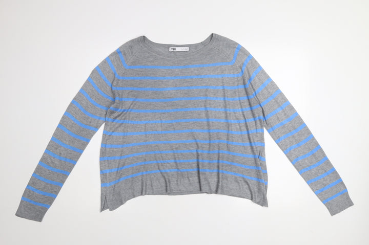 ZARA Women Grey Blue Striped Pullover Jumper L Boat Neck Knit