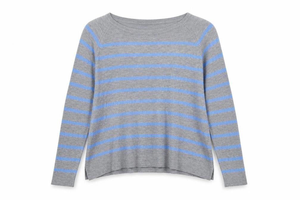Front view of Zara Women Grey Blue Striped jumper L Boat Neck Knit