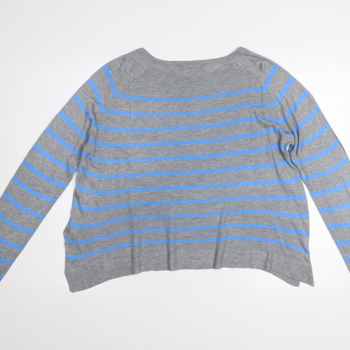 ZARA Women Grey Blue Striped Pullover Jumper L Boat Neck Knit