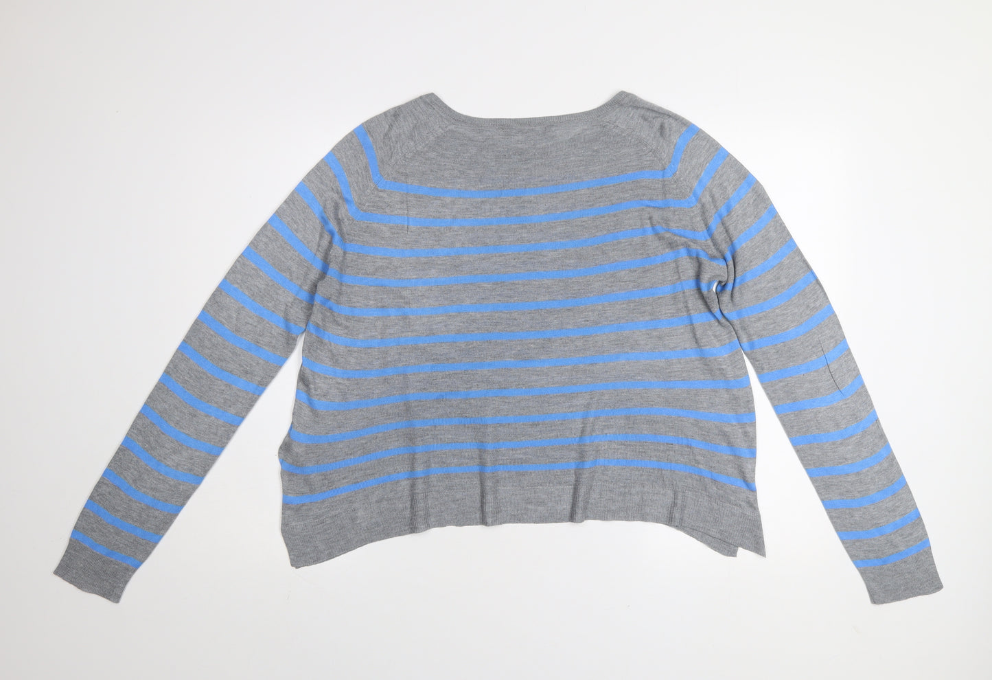ZARA Women Grey Blue Striped Pullover Jumper L Boat Neck Knit