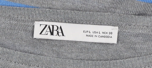 ZARA Women Grey Blue Striped Pullover Jumper L Boat Neck Knit