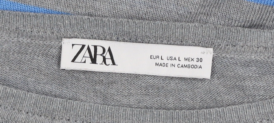ZARA Women Grey Blue Striped Pullover Jumper L Boat Neck Knit