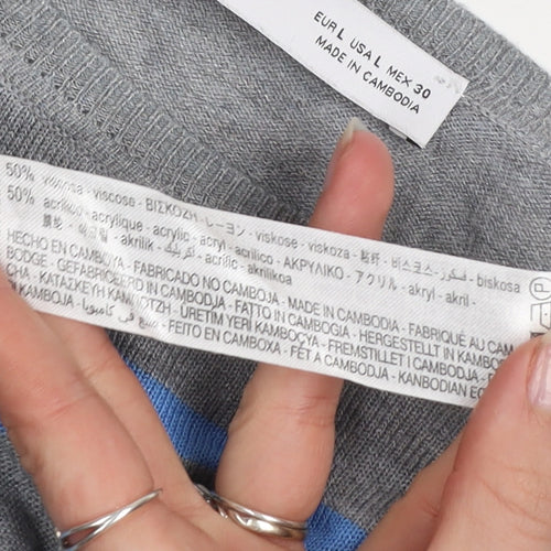 ZARA Women Grey Blue Striped Pullover Jumper L Boat Neck Knit