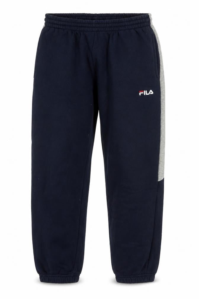 Front view of Fila Men's Navy Blue Small Jogger Sweatpants with Side Stripe