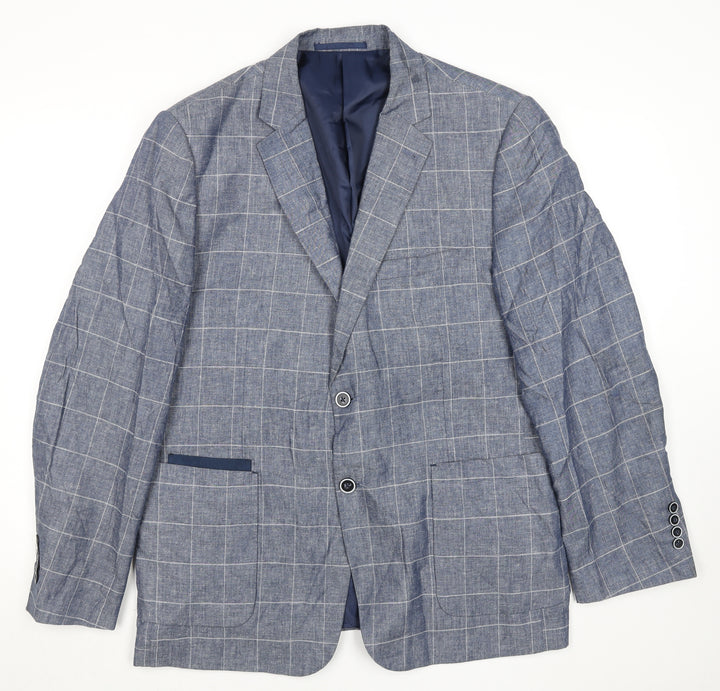 Broadstone Bros Men's Blue Check Blazer 40R Tailored Fit Linen Blend