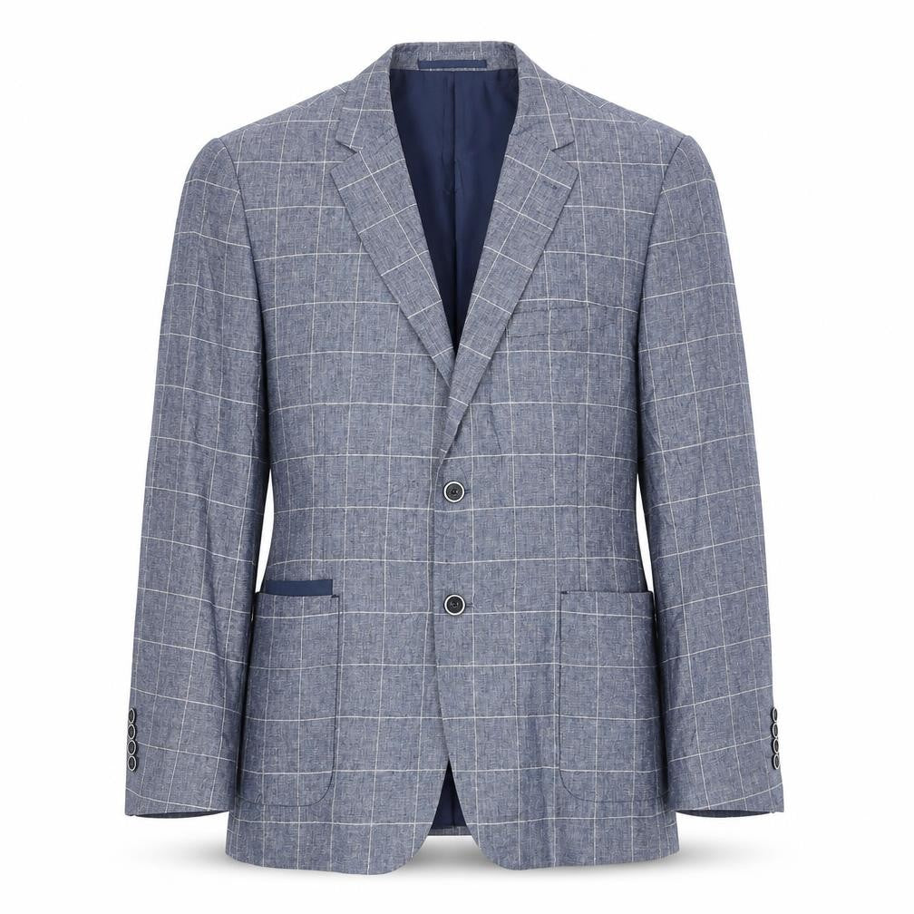 Front view of Broadstone Bros Men's Blue Check Blazer 40R Tailored Fit Linen Blend