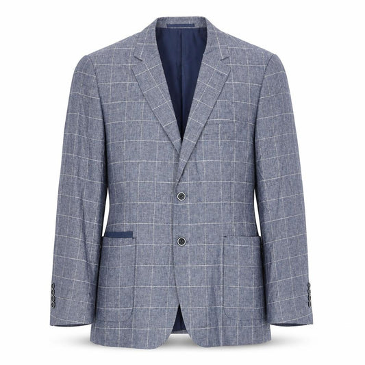 Broadstone Bros Men's Blue Check Blazer 40R Tailored Fit Linen Blend