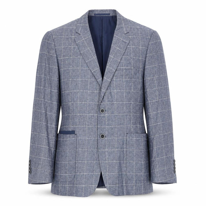 Broadstone Bros Men's Blue Check Blazer 40R Tailored Fit Linen Blend