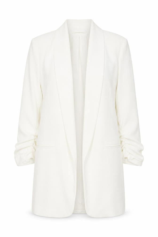 Front view of Boohoo women’s white shawl collar longline blazer, size S