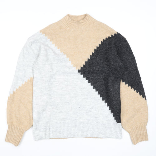 New Look Women Beige Colour Block High Neck Pullover Jumper Size S