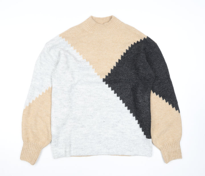 New Look Women Beige Colour Block High Neck Pullover Jumper Size S