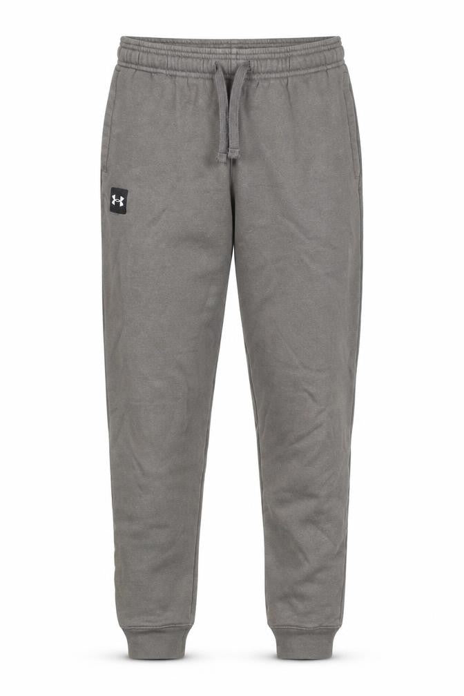 Front view of Under Armour boys’ grey l jogger sweatpants cotton blend activewear