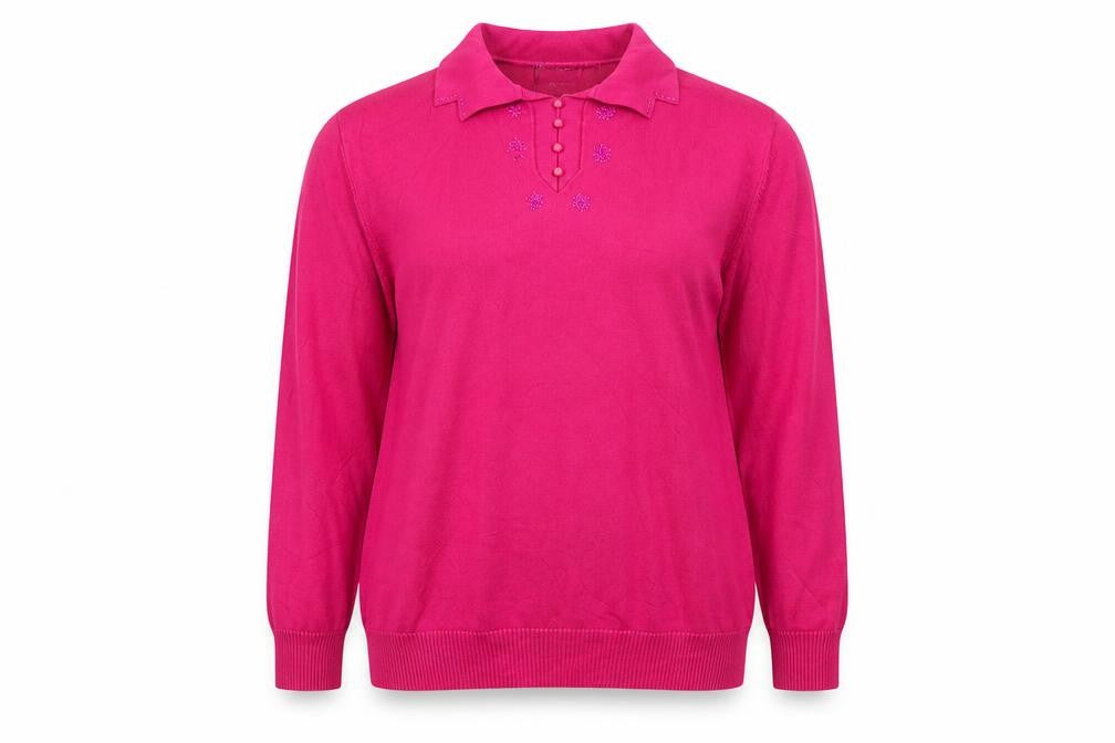 Front view of Castle of Ireland women’s pink collared beaded jumper, size UK 18