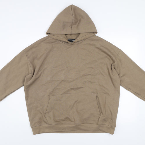 PrettyLittleThing Men's Beige Pullover Hoodie S Regular Fit Logo Fleece