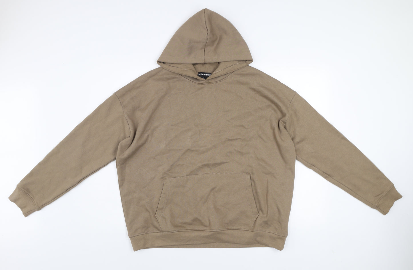 PrettyLittleThing Men's Beige Pullover Hoodie S Regular Fit Logo Fleece