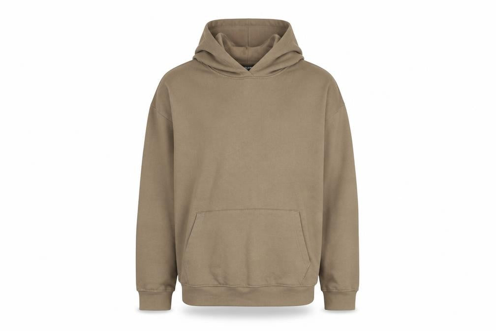 Front view of PRETTYLITTLETHING Men's Beige Pullover Hoodie S Regular Fit Logo Fleece