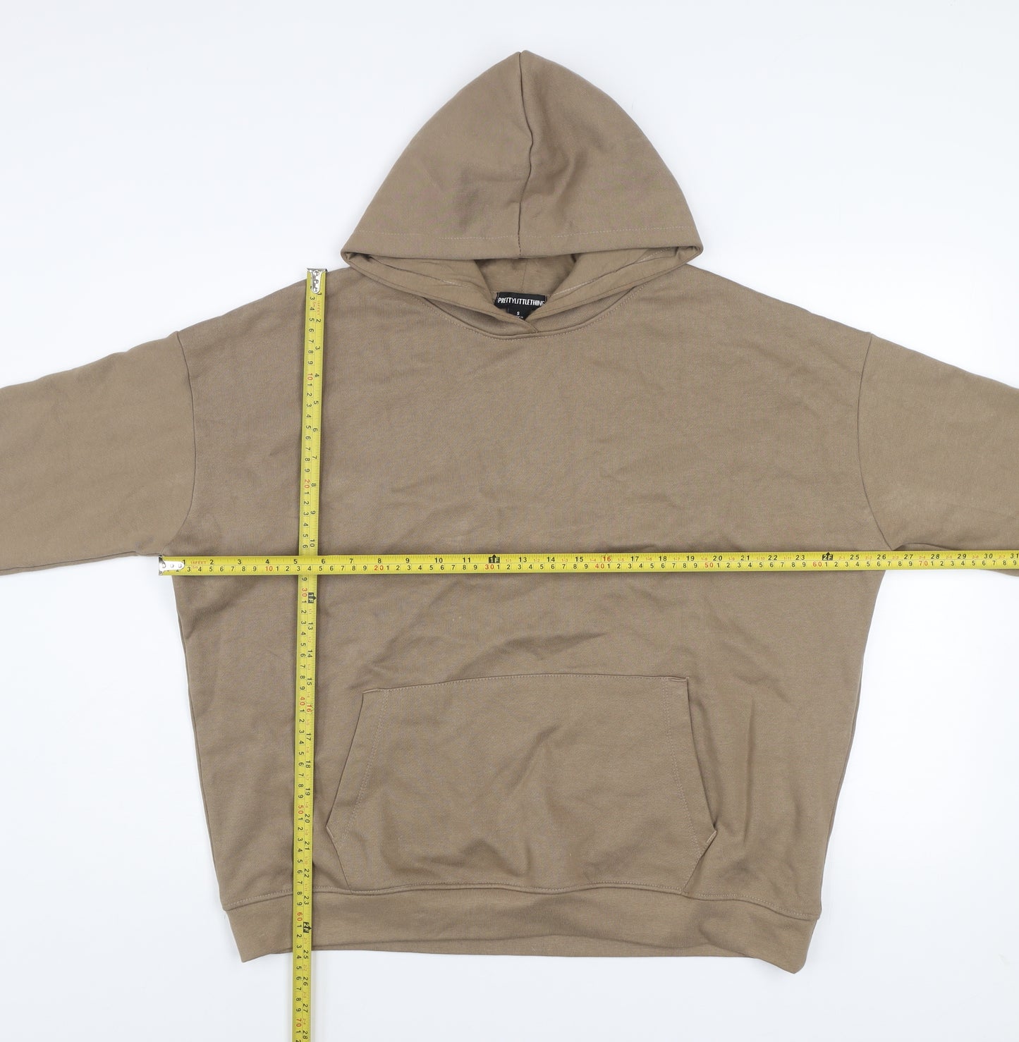PrettyLittleThing Men's Beige Pullover Hoodie S Regular Fit Logo Fleece