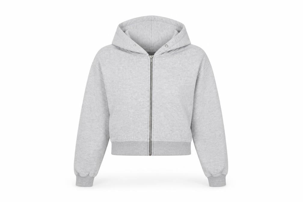 Front view of PRETTYLITTLETHING women’s grey cropped hoodie jacket, size M